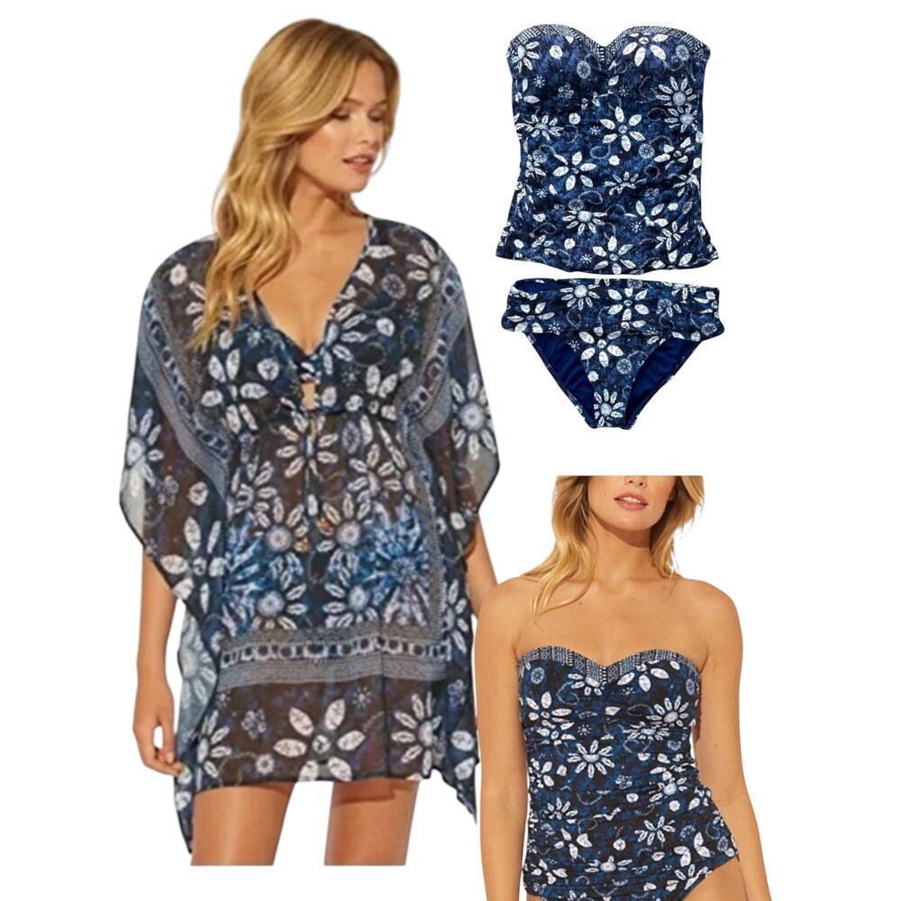 Bleu Rod Beattie Blue Navy Tankini Bikini + Swim Cover Up Caftan Size Small 4